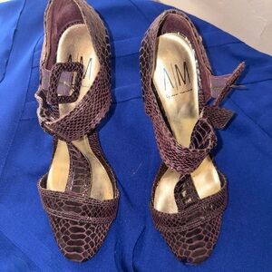 Ann Marino Plum Croc-Embossed Strappy Heels